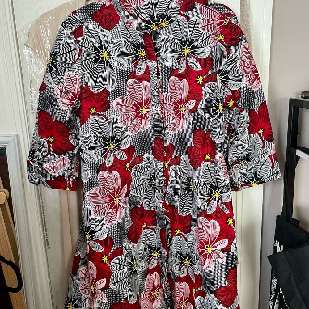 Red and Gray Sundress with Dolman Sleeves and Crew Neck
